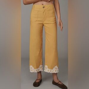 Maeve Colette by Anthropologie Golden Yellow Wide-Leg Pants with Embroidery 💕